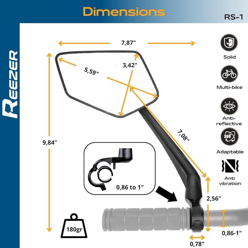 Reezer RS1 - Handlebar Bike mirror, 360° rotatable & foldable, large field of vision, Bicycle rearview mirrors, 0,86" to 1", Reflective - LEFT - Image 5